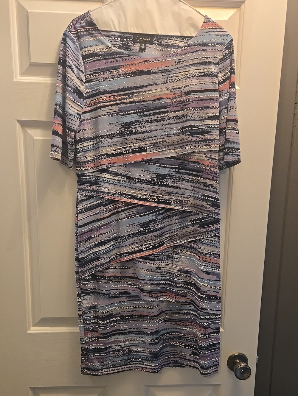 Connected Apparel Pastel Blue Striped Midi Dress with Pink & Navy Accents
